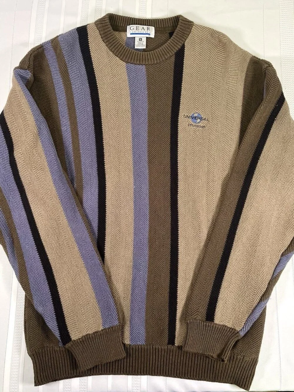 Vintage Universal Studios Knit Sweater Mens XL Brown Cosby Striped Grandpa